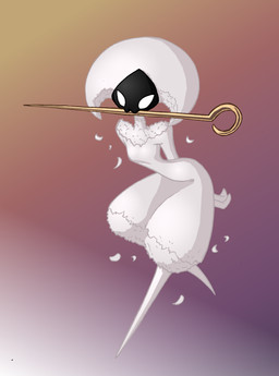 :3 anthro arched_back biped black_face featureless_feet featureless_hands feet female front_view gradient_background hands_behind_back looking_at_viewer narrow_hips object_in_mouth one_leg_up petals raised_leg seductive sewing_pin simple_background small_waist solo thick_thighs wasp_waist weapon weapon_in_mouth white_body white_eyes eidel-elias-weise hollow_knight:_silksong hollow_knight_(franchise) team_cherry lace_(hollow_knight:_silksong) arthropod insect absurd_res hi_res