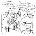 anthro bear beverage black_and_white blush clothed clothing dialogue duo english_text eyes_closed half-closed_eyes hand_on_shoulder male male/male mammal monochrome narrowed_eyes osos overweight overweight_male slightly_chubby smile speech_bubble text
