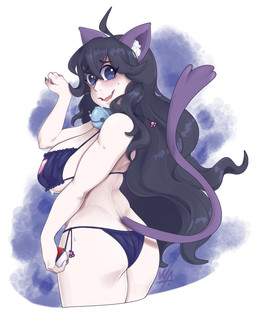 alternate_species animal_ears animal_tail bell bell_collar big_breasts big_butt black_hair blue_bra blue_clothing blue_eyes blue_panties blue_underwear blush bodily_fluids bra breasts butt clothing collar eyelashes female hair holding_object holding_pokeball inner_ear_fluff long_hair pale_skin panties pokeball purple_ears purple_tail rear_view simple_background solo sweat tail thick_thighs tuft underwear wavy_mouth wavy_smile white_background wide_hips weepinbelly nintendo pokemon hex_maniac animal_humanoid cat_humanoid felid felid_humanoid feline feline_humanoid humanoid mammal mammal_humanoid