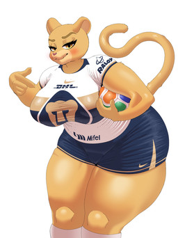 anthro athlete ball big_breasts big_butt biped blush bottomwear breasts butt camel_toe clothed clothing eyebrows eyelashes female fur genital_outline genitals grin huge_breasts huge_butt looking_at_viewer mascot orange_body orange_fur shirt shorts simple_background smile soccer soccer_ball soccer_jersey soccer_uniform solo sport sportswear standing tail thick_thighs topwear uniform vulva vulva_outline wide_hips thugji3 club_universidad_nacional dhl liga_mx nike goya_(pumas_unam) cougar felid feline mammal 2026 hi_res