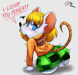 alternate_species angry anthro big_butt black_nose blonde_hair blue_eyes blush blush_lines bottomwear butt clothed clothing dialogue eyelashes female fur furrification green_bottomwear green_clothing green_skirt hair looking_at_viewer looking_back looking_back_at_viewer open_mouth orange_clothing orange_sweater orange_topwear panties skirt solo sweater talking_to_viewer text topwear underwear white_body white_clothing white_fur white_panties white_underwear wide_hips rinexern capcom resident_evil ashley_graham moushley house_mouse mammal mouse murid murine rodent absurd_res hi_res