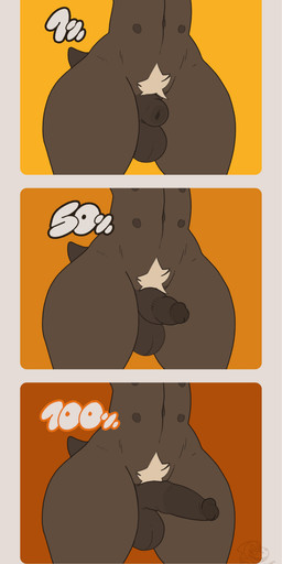 3_panel_comic anthro balls border brown_body erection femboy genitals half-erect logo male navel nipples penis percentage pubes short_tail simple_background small_waist solo standing tail text thick_thighs white_border wide_hips kaidzsu rosse_(kaidzsu) kusian scalie 2022 artist_logo comic hi_res multiple_scenes url
