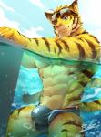 2018 abs anthro big_muscles blue_eyes brown_body brown_fur brown_stripes bulge clothed clothing cloud eyebrows eyewear eyewear_on_head felid fur goggles goggles_on_head hi_res looking_at_viewer male mammal markings morenatsu multicolored_body multicolored_fur multicolored_tail muscular muscular_anthro muscular_male navel pantherine partially_submerged pecs pink_nose rabbity signature sky smile solo speedo striped_body striped_fur striped_markings striped_tail stripes swimming_pool swimwear tail tail_markings thick_eyebrows tiger topless torahiko_(morenatsu) water white_body white_fur yellow_body yellow_fur