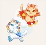 :3 amber_eyes blonde_hair blue_clothing cape clothing duo female feral feralized fire fur hair orange_hair red_clothing simple_background tan_body tan_fur white_body white_fur justduet dota valve lina_the_slayer rylai_the_crystal_maiden domestic_cat felid feline felis mammal