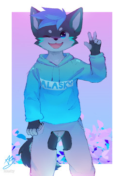 5_fingers anthro biped blue_clothing blue_eyes blue_hair blue_hoodie blue_topwear bottomwear clothed clothing crotchless_clothing crotchless_panties crotchless_underwear fingers fur gesture grey_body grey_fur hair hand_gesture hoodie kemono looking_at_viewer male multicolored_body multicolored_fur one_eye_closed open_bottomwear open_clothing open_mouth open_pants panties pants shota solo text text_on_clothing text_on_hoodie text_on_topwear topwear two_tone_body two_tone_fur underwear v_sign white_body white_bottomwear white_clothing white_fur white_pants wink winking_at_viewer young young_anthro young_male fur_alasky canid canine canis domestic_dog husky mammal nordic_sled_dog spitz 2022 absurd_res cel_shading digital_drawing_(artwork) digital_media_(artwork) english_text hi_res shaded signature