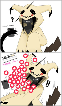 anthro anthrofied black_body black_hair clothed clothing electronics exclamation_point female hair heart_symbol hood hoodie long_sleeves phone pokemorph question_mark simple_background smile solo tail topwear white_background nakachidragon nintendo pokemon kyu-cha_(naka) generation_7_pokemon mimikyu pokemon_(species) 2025 comic digital_media_(artwork) hi_res