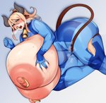 big_breasts black_horn blonde_hair blonde_tail_tuft blue_bodysuit blue_clothing blue_skinsuit bodily_fluids bodysuit breasts brown_ears brown_tail clothed clothing cowbell curvy_figure ears_down facial_piercing female hair horn huge_breasts hyper hyper_breasts looking_at_viewer nipple_piercing nipple_ring nipples nose_piercing nose_ring piercing pivoted_ears ponytail ring_piercing skindentation skinsuit solo squish steaming sweat tail tail_around_leg thick_thighs thigh_squish tight_clothing topless voluptuous wide_hips zero_suit strongmoist metroid nintendo samus_aran animal_humanoid bovid bovid_humanoid bovine bovine_humanoid cattle_humanoid horned_humanoid humanoid mammal mammal_humanoid tailed_humanoid