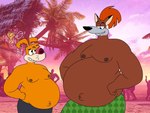 anthro back_rolls beach belly big_belly clothing duo fat_rolls looking_at_another male navel outie outie_navel overweight overweight_anthro overweight_male size_difference swimming_trunks swimwear tropical wolfox90210 cartoon_network fox_kids frankenfox moxy_(the_moxy_show) canid canine canis domestic_dog fox mammal 2024 4:3