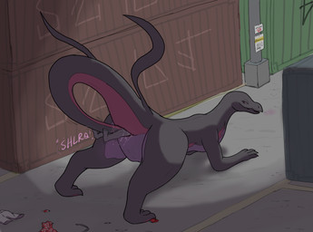 all_fours ambiguous_gender black_body bodily_fluids breath breath_powers cloaca_juice cloacal cloacal_penetration cloacal_vore clothing clothing_aside duo female female_feral feral feral_pred genital_fluids human_prey larger_female larger_feral larger_pred looking_back narrowed_eyes open_mouth outside penetration pherokinesis pheromone_breathing pheromones pink_body purple_body purple_eyes shipping_container size_difference smaller_ambiguous smaller_human sound_effects tail tail_fetish tail_in_cloaca tail_in_own_cloaca tail_insertion tail_play torn_clothing unbirthing vaginal vore harker_(artist) nintendo pokemon generation_7_pokemon human mammal pokemon_(species) salazzle hi_res