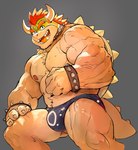 anthro areola barazoku bent_leg biceps big_muscles bracelet bulge chest_tuft claws clothed clothing collar deltoids eyebrows grey_background hair hand_on_leg horn huge_muscles jewelry kemono looking_at_viewer male muscular muscular_anthro muscular_male navel nipples non-mammal_nipples open_mouth open_smile pecs quads scales shell simple_background skimpy smile solo speedo spiked_bracelet spiked_collar spiked_shell spiked_tail spikes spikes_(anatomy) standing swimwear tail teeth thick_arms thick_thighs tongue topless topless_anthro topless_male tuft vein cuson mario_bros nintendo bowser koopa reptile scalie turtle 2024 hi_res