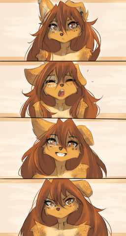 anthro biped brown_eyes brown_hair clenched_teeth countershade_fur countershade_torso countershading ear_piercing eyes_closed female front_view fur gauged_ear hair inner_ear_fluff looking_at_viewer neck_tattoo open_mouth piercing smile solo tan_body tan_fur tattoo teeth tongue tuft yawn tinygaypirate apogee_(tinygaypirate) canid canine canis domestic_dog mammal 2025 digital_drawing_(artwork) digital_media_(artwork) hi_res