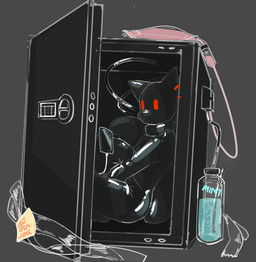 anthro biped black_background black_latex bound cellphone clothing electronics encasement feeding_tube gimp gimp_suit latex latex_clothing latex_skinsuit male medical_instrument phone post-it_note rebreather red_eyes scientific_instrument simple_background skinsuit slim_anthro slim_male slim_sub smartphone solo submissive submissive_anthro submissive_male tape tight_clothing vault iniratua canid canine canis mammal wolf 2024 absurd_res digital_media_(artwork) hi_res