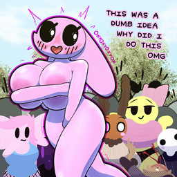 anthro areola big_breasts biped black_eyes black_sclera blush blush_stickers bow_ribbon breasts brown_body clothed clothing covering covering_self dialogue eyebrows eyelashes female floppy_ears front_view fully_clothed glistening glistening_breasts group heart_mouth long_ears lop_ears male monotone_body nipples nude nude_female outline outside pink_body public public_nudity simple_eyes solo_focus standing text topwear white_body white_eyes wide_eyed yellow_body oxyoxyoxyox annabee_(woebeeme) marshmallow_(oxyoxyoxyox) nimby_(nimbynimbasa) vortex_(kefiregg) amphibian arthropod axolotl bee felid feline humanoid hymenopteran insect lagomorph lepidopteran leporid mammal marine mole_salamander moth rabbit salamander 1:1 2024 artist_name character_request digital_drawing_(artwork) digital_media_(artwork) english_text hi_res