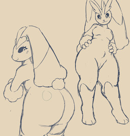 3_fingers 3_toes anthro arm_tuft big_butt black_sclera blush blush_lines breasts butt cat_smile cotton_tail crotch_tuft ear_tuft eyebrows eyelashes featureless_breasts feet female fingers floppy_ears folded_ears genitals glistening glistening_butt hands_on_hips leaning leaning_forward leg_markings long_ears long_eyebrows looking_back low-angle_view markings multiple_poses pose rear_view short_snout short_tail smile smirk solo standing tail toes tuft vulva wrist_tuft holemann nintendo pokemon generation_4_pokemon lagomorph lopunny mammal pokemon_(species)