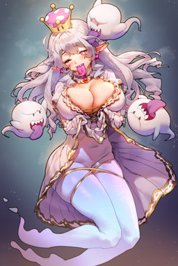 alternate_species big_breasts breasts cleavage clothed clothing crown dress female group hair headgear humanoidized licking looking_at_viewer navel not_furry open_mouth sharp_teeth simple_background super_crown teeth thick_thighs tongue tongue_out white_hair muloli luigi's_mansion mario_bros nintendo boosette king_boo boo_(mario) ghost humanoid spirit 2018 absurd_res digital_media_(artwork) hi_res