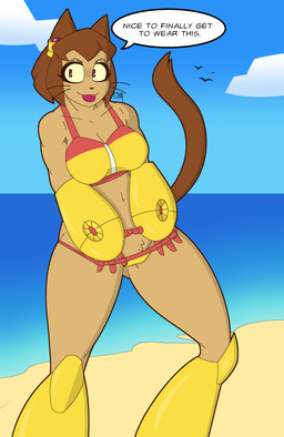 anthro beach bikini clothing female solo speech_bubble swimwear two-piece_swimsuit oyanbun gameoverse glitch_productions kit_bodega felid feline mammal absurd_res hi_res