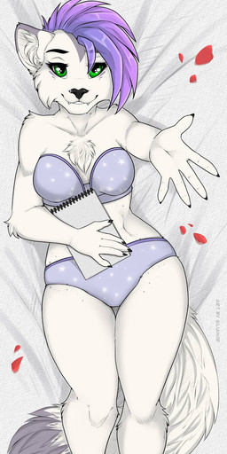 anthro athletic athletic_anthro beckoning bed black_claws bottomwear bra breasts chest_tuft claws clothed clothing colored_edge_bra colored_edge_panties colored_edge_underwear curvy_figure cute_fangs dakimakura dipstick_tail fangs female female_anthro fur furniture gesture green_eyes hair happy hourglass_figure inner_ear_fluff inviting looking_at_viewer lying markings medium_breasts mohawk on_back on_bed panties pattern_bottomwear pattern_bra pattern_clothing pattern_panties pattern_topwear pattern_underwear paws petals purple_bra purple_clothing purple_hair purple_panties purple_underwear rose_petals seductive simple_background smile solo star_bra star_panties star_pattern star_pattern_bra star_pattern_panties star_pattern_underwear star_underwear strapless_bra strapless_clothing strapless_underwear tail tail_markings teeth topwear tuft underwear underwear_only white_body white_fur white_paws silianor domestic_cat felid feline felis mammal 1:3 absurd_res dakimakura_design digital_media_(artwork) hi_res