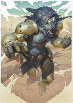 abs alternative_fashion anthro armor blue_body blue_fur blue_hair blue_mane braided_hair building chainmail chest_scar clothed clothing desert facial_markings fangs fighting_pose fist fur hair head_markings looking_at_viewer male mane markings muscular muscular_anthro muscular_male open_mouth outside pecs pose robotic_arm robotic_legs running running_towards_viewer scar sky snarling solo steampunk teeth tongue topless waist_belt yellow_eyes yellow_facial_markings yellow_markings yoshi.kaoru mythology vow_of_heroes_(video_game) derosanne_(vow_of_heroes) felid feline felis lion mammal pantherine absurd_res hi_res