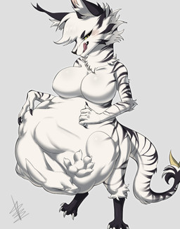 anthro anthro_pred belly black_sclera black_stripes breasts butt female female_pred fur hair hand_on_own_belly looking_back narrowed_eyes same_size_vore simple_background smile solo stinger_tail striped_body stripes tail tail_tuft tongue tongue_out tuft vore white_body white_hair wide_hips unknown_artist other_quail zorgoia