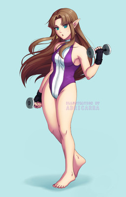 barefoot biped blue_eyes bodily_fluids breasts brown_hair clothing dumbbell ear_piercing exercise eyebrows eyelashes feet female fingerless_gloves gloves hair handwear humanoid_pointy_ears leotard long_hair looking_at_viewer not_furry open_mouth piercing pointy_ears simple_background solo sweat text weights workout adricarra nintendo the_legend_of_zelda princess_zelda humanoid hylian 2021 absurd_res artist_name hi_res watermark