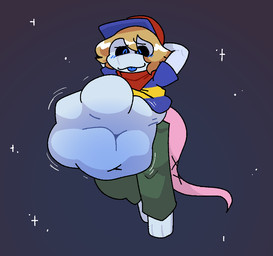 3_toes anthro barefoot baseball_cap belly big_belly black_eyes blonde_hair blush body_outline clothed clothing clothing_lift cosmic_background feet glowing glowing_eyes grey_body hair hands_behind_head hat headgear headwear kerchief khakis male navel pink_tail rat_tail same_size_vore shirt shirt_lift solo space space_background t-shirt tail toes tongue tongue_out topwear unseen_prey void_eyes vore wiggle_lines pawplants earthbound_(series) mother:_cognitive_dissonance nintendo niiue alien