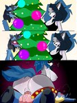 anthro anus big_breasts blue_body blue_fur blue_hair blue_sclera blue_tail blush breasts christmas_tree cleavage clothed clothing dominant dominant_female duo female female_on_top female_penetrated fur genitals green_eyes grey_body grey_fur grey_nipples hair holidays male male/female male_penetrating male_penetrating_female nipples on_top penetration plant pussy sex tail tree smort_bee christmas nintendo pokemon canid canine canis generation_4_pokemon lucario mammal pokemon_(species) wolf comic hi_res