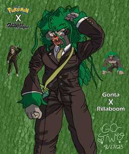 anthro big_hands brown_clothing clothing eyewear glasses green_hair hair male messy_hair solo wearing_glasses go-two danganronpa danganronpa_v3 nintendo pokemon spike_chunsoft gonta_gokuhara ape generation_8_pokemon gorilla haplorhine mammal pokemon_(species) primate rillaboom hi_res