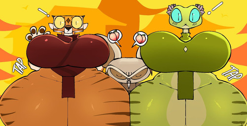 anthro anthrofied big_breasts big_butt bottomless breasts butt butt_slap clothed clothing exclamation_point female food fruit group huge_breasts male male/female peach_(fruit) plant size_difference slap speech_bubble thick_thighs trio wide_hips anothercat dreamworks kung_fu_panda master_shifu master_tigress master_viper ailurid felid feline mammal pantherine red_panda reptile scalie snake tiger viper hi_res pictographics