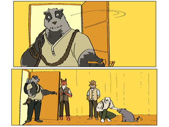 ambiguous_gender anthro camera clothed clothing feral fur grey_body grey_fur group headpat historical male orange_body orange_fur overweight overweight_male petting scruffy simple_background tail tail_motion tailwag tan_body tan_fur white_body white_fur yellow_background young young_feral phwog echo_(series) echo_project the_smoke_room clifford_tibbits murdoch_byrnes nikolai_krol samuel_ayers badger canid canine common_hippopotamus cougar european_badger felid feline fox hippopotamid mammal meles mustelid musteline red_fox stoat true_fox true_musteline weasel 4:3 comic hi_res