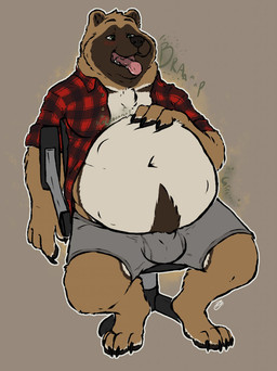 anthro belly big_belly boxers_(clothing) brown_body brown_fur bulge burping chest_tuft clothing detailed_bulge flannel_shirt fur hand_on_belly male male_pred rumbling_stomach same_size_vore solo tongue tongue_out tuft underwear vore rashishibe bear mammal hi_res