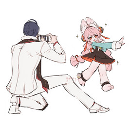 anklet anthro bell braided_hair cellphone claws clothed clothing dancing duo ear_piercing electronics female fur hair holding_object holding_phone inner_ear_fluff jewelry kemono kneeling long_hair long_sleeves male on_one_knee phone piercing pink_hair pose red_eyes selfie simple_background smartphone smile sparkles taking_picture topwear tuft white_background young young_anthro young_female galaxysilver mihoyo zenless_zone_zero damian_blackwood zhao human lagomorph leporid mammal rabbit thiren 2025 hi_res