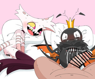 2_antennae 4_arms 4_legs ambiguous_gender andromorph angry animal_genitalia antennae_(anatomy) anthro arthropod_abdomen bed_sheet bedding black_antennae black_body blush bodily_fluids boots censor_bar cloaca clothing constricted_pupils crossgender crown crying cum cum_in_cloaca cum_inside cum_string fingering fingering_self footwear fur genital_fluids genitals group headgear humanoid_genitalia humanoid_penis insect_wings intersex legwear lepidopteran_wings looking_at_another lying male masturbation mostly_nude mta_crossgender mti_crossgender multi_arm multi_limb multicolored_wings navel nude on_back on_side orange_wings penis pillow pink_body pink_eyes pink_fur pupils quadruped questionable_consent ruff shoes small_pupils sweat tears teeth thigh_boots thigh_highs torn_wing trio vaginal vaginal_fingering vein veiny_penis wings yellow_sclera omnivore_(artist) disney hazbin_hotel hellaverse hoppers_(disney) pixar angel_dust titus_(hoppers) arachnid arthropod butterfly human insect lepidopteran mammal spider 2026 censored crossover digital_drawing_(artwork) digital_media_(artwork)