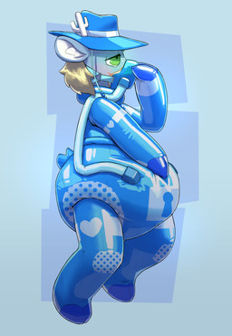 anthro antlers biped blue_clothing clothed clothing diaper diapersuit gas_mask green_eyes hair hat headgear headwear horn hosesuit latex mask skinsuit solo tight_clothing sexotheque mammal 2025 absurd_res digital_media_(artwork) hi_res