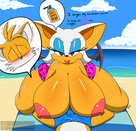 anthro beach bedroom_eyes big_breasts bikini bikini_bottom blush bodily_fluids breasts clothed clothing cloud cum cum_in_clothing cum_through_clothing dialogue duo eyes_closed female first_person_view genital_fluids heart_eyes heart_symbol huge_breasts hyper hyper_breasts looking_at_viewer lying male male/female narrowed_eyes nipples on_back precum seaside seductive slightly_chubby slightly_chubby_anthro slightly_chubby_female swimwear text topless two-piece_swimsuit wet wet_clothing wings conditional_dnp digitaldomain123 sega sonic_the_hedgehog_(series) miles_prower rouge_the_bat bat canid canine fox mammal 2020 dated english_text hi_res
