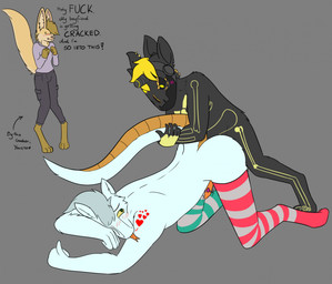 anal anal_penetration anthro black_body black_fur blonde_hair blue_body blue_fur blush blush_lines clothing cuckquean female fur genitals group hair legwear machine male male/male multicolored_eyes penetration penile penis sex sex_toy tail tail_grab tan_body tan_fur thigh_highs tongue tongue_out trio vibrator vibrator_on_penis yaveton mythology kona_biralla osko_(yaveton) canid canine dragon fennec_fox fox mammal mythological_creature mythological_scalie protogen scalie true_fox wingless_dragon hi_res