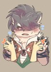 anthro blush disembodied_hand duo embarrassed facial_scar fur grey_body grey_fur hair hair_over_eye male pawpads ponytail samurai scar warrior satou_yuuuki_29 lifewonders tokyo_afterschool_summoners shino_(tas) canid canine canis domestic_dog mammal hi_res