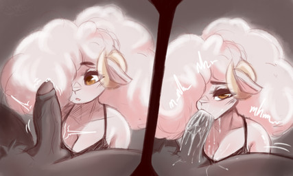 anthro balls big_breasts big_penis blush bodily_fluids body_blush bra breasts brown_body brown_eyes brown_fur clothed clothing curly_hair duo erection fellatio female fur genital_fluids genitals hair horn humanoid_genitalia humanoid_penis looking_at_viewer looking_pleasured male male/female moan motion_lines nude one_eye_obstructed open_mouth oral oral_penetration penetration penile penis precum presenting pubes sex simple_background sucking surprised text throb throbbing throbbing_penis underwear white_body white_hair dennhaze bovid bovine caprine mammal mustelid otter sheep 5:3 absurd_res digital_media_(artwork) hi_res sketch
