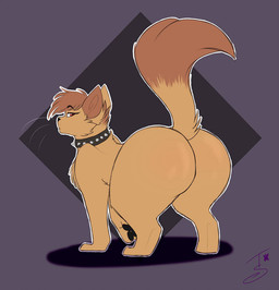 ambiguous_gender big_butt black_nose black_pawpads brown_body brown_fur brown_hair brown_inner_ear brown_tail_tip butt collar dipstick_tail feral fur grey_background hair huge_butt markings pawpads rear_view red_eyes simple_background solo studded_collar studs tail tail_markings tan_body tan_fur tetlow-senpai domestic_cat felid feline felis mammal