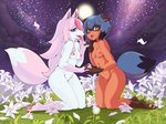 anthro blue_eyes blue_hair blue_tail breasts brown_body brown_fur brown_markings cute_fangs dandelion dipstick_tail duo easter_lily featureless_crotch female female/female flower fur green_eyes hair hand_holding inner_ear_fluff kemono kneeling lily_(flower) looking_at_viewer markings multicolored_hair multicolored_tail night nipples nude outside pawpads pink_hair pink_pawpads pink_tail plant small_breasts tail tail_markings tongue tongue_out tuft two_tone_hair white_body white_fur rapel brand_new_animal studio_trigger michiru_kagemori nazuna_hiwatashi canid canine fox mammal raccoon_dog tanuki 2020 4:3 digital_media_(artwork) full-length_portrait hi_res portrait