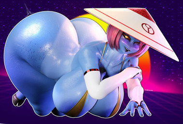 4_fingers anthro armwear asian_conical_hat ass_up big_breasts big_butt bikini bikini_top blue_body blue_skin bob_cut bodily_fluids breasts bridal_gauntlets butt clothing cloven_hooves curvy_figure female female_anthro fingers freckled_butt freckled_face freckled_hips freckles hair hat headgear headwear hooved_toes hooves hourglass_figure huge_breasts huge_butt huge_hips huge_thighs hyper hyper_butt light low-angle_view motion_lines one_eye_closed outline pink_hair red_sclera smile smiling_at_viewer smooth_skin solo sweat sweaty_body sweaty_butt sweaty_skin swimwear synthwave text thick_thighs two-piece_swimsuit white_outline wide_hipped_anthro wide_hipped_female wide_hips yellow_eyes mechanicalstage samzan_(modeler) warhammer_(franchise) warhammer_40000 kin'o_(tonka_kryga) alien t'au_(warhammer) 2025 3d_(artwork) absurd_res artist_name digital_media_(artwork) hi_res lighting
