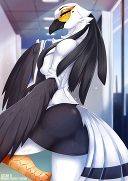 anthro beak black_beak black_body black_bottomwear black_clothing black_feathers black_skirt bottomwear breasts clothing feathers female looking_at_viewer looking_back notebook office office_clothing paper shirt skirt solo tail tail_feathers topwear white_body white_clothing white_feathers white_shirt white_topwear yellow_eyes litchie_d aggretsuko sanrio secretary_washimi accipitriform avian bird secretary_bird 2020 hi_res