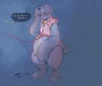 anthro bell bell_collar blue_background blue_body blush clothing collar corset dialogue female flustered frilly frilly_clothing hand_on_face harness leash leashed_harness lingerie mouthless noseless paws plushie seam_(sewing) simple_background slightly_chubby slightly_chubby_anthro solo speech_bubble standing tail tail_motion tailwag text topwear blushing_yokai animate_inanimate canid canine canis domestic_dog living_plushie mammal english_text nonbinary_(lore)
