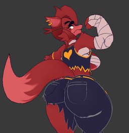 anthro bandage bandaged_arm big_breasts big_butt black_bottomwear black_clothing black_pants bottomwear breasts bubble_butt butt chest_wraps clothed clothing crossgender denim denim_bottomwear denim_clothing ear_piercing ear_ring eye_patch eyewear female fist flexing fur grey_background hair heart_print jeans looking_back mtf_crossgender open_clothing open_topwear open_vest orange_eyes pants piercing pockets rear_view red_body red_fur red_hair ring_piercing short_hair simple_background solo tail thick_thighs topwear torn_bottomwear torn_clothing torn_pants under_boob vest wide_hipped_anthro wide_hipped_female wide_hips wraps cryptiacurves cryptiacurves_(modeler) fazclaire's_nightclub five_nights_at_freddy's scottgames fexa_(cryptiacurves) fexa_2.0_(cryptiacurves) foxy_(fnaf) canid canine fox mammal 3d_(artwork) digital_media_(artwork)