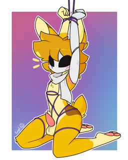 accessory anthro balls bdsm bondage bound cracks erection flustered genitals hair_accessory hairpin kneeling male mask nude penis porcelain prosthetic prosthetic_arm prosthetic_limb restraints rope rope_bondage rope_harness scar solo yellow_body keryel thusthus_(character) hare lagomorph leporid mammal 4:5 hi_res