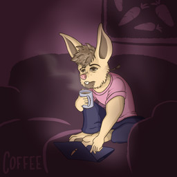 anthro barefoot beverage bottomwear braided_hair clothed clothing coffee coffee_mug computer electronics eyebrow_piercing facial_piercing feet freckled_face freckles hair inside male pants piercing shirt simple_background solo t-shirt three-quarter_view tired_eyes topwear coffee_(artist) coffeebynight beaux_(coffee) hare lagomorph leporid mammal rabbit 1:1 absurd_res hi_res