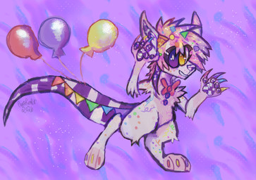 ambiguous_gender anthro balloon big_claws black_sclera blue_balloon blue_hair bow_tie checkered checkered_fur checkered_hair checkered_inner_ear checkered_pawpads claws digitigrade food garland hair hands_up heterochromia inflatable looking_at_viewer multicolored_claws multicolored_hair open_mouth pattern_background pink_hair pizza pizza_slice red_balloon red_bow_tie simple_background smile solo sparklefur tail teeth white_body white_hair white_sclera yellow_balloon yellow_eyes pinatareaper five_nights_at_freddy's scottgames canid canine fox mammal 2026 absurd_res digital_drawing_(artwork) digital_media_(artwork) hi_res