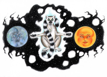 5_fingers 5_toes black_nose black_pawpads border feet female feral fingers fur green_eyes grey_body grey_fur group jewelry kissing male moon multicolored_body multicolored_fur necklace pawpads space star sun toes white_border denoyelle deity lemur mammal primate ring-tailed_lemur strepsirrhine
