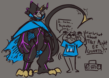 anthro belt black_body black_sclera cape claws clothing dancing duo horn male stereo stinger stinger_tail tail text honkbird bandai_namco digimon digimon_ghost_game avian bird digimon_(species) gulusgammamon oscine passerine scalie sparrow english_text