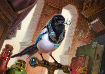 ambiguous_gender beak black_body black_feathers book bookshelf chain dutch_angle feathers feet feral furniture holding_object holding_staff inside magic potion solo staff standing tail talons toes white_body white_feathers window chris_seaman hasbro magic:_the_gathering wizards_of_the_coast avian bird corvid magpie_(corvid) oscine passerine 2018 official_art