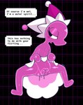blush bodily_fluids butt clothed clothing clothing_lift female floating genital_fluids genitals hat headgear headwear looking_away nude pink_body presenting simple_background solo speech_bubble spread_legs spreading text vaginal_fluids vulva water vetero deltarune undertale_(series) darkner elemental_creature humanoid mizzle_(deltarune) water_creature absurd_res digital_media_(artwork) hi_res